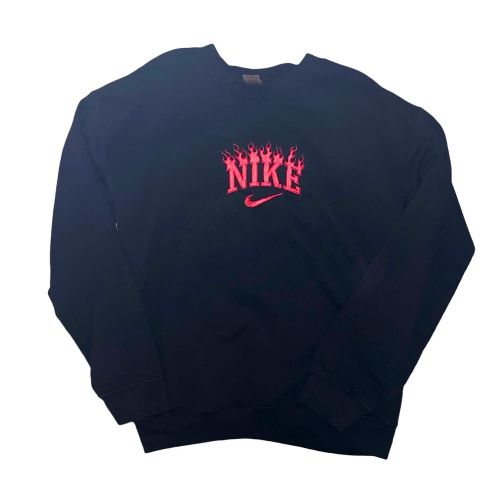 Black Embroidered Crewneck with Red Nike Logo